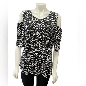 Vince Camuto Stretchy Blouse Short Sleeve  Cold Shoulder Geometric Size XL